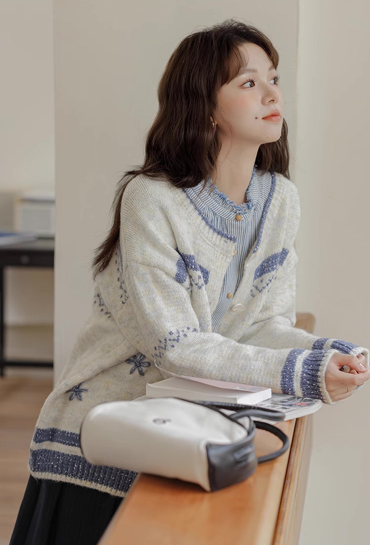 Embroidered Floral Fair Isle Cardigan (Off-White)