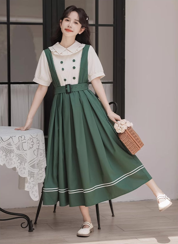 Lolita Short Sleeve Faux Layered Midi Dress (Green)