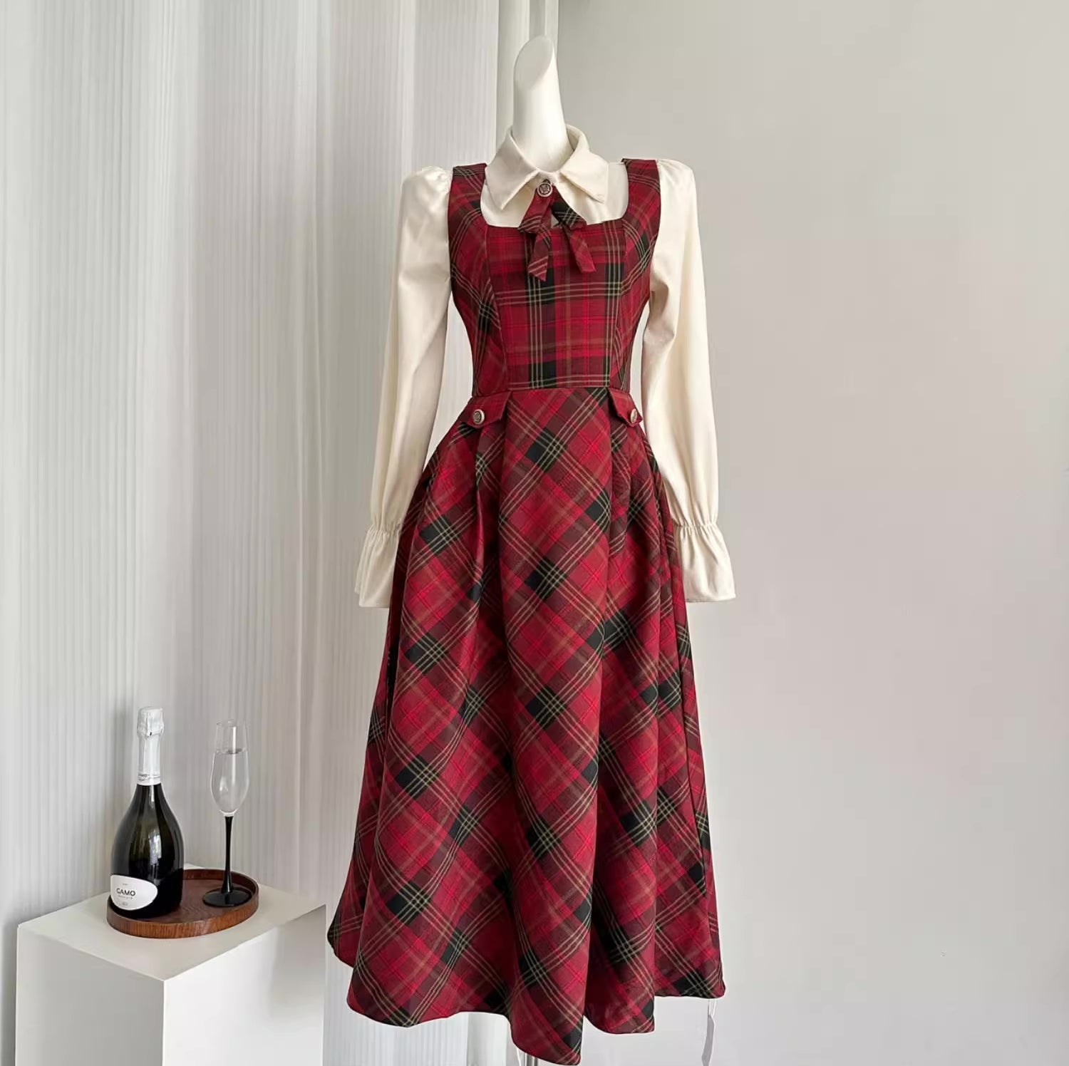 Merry Plaid Midi Pinafore Dress (Red) S Merry Plaid Midi Pinafore Dress (Red) S