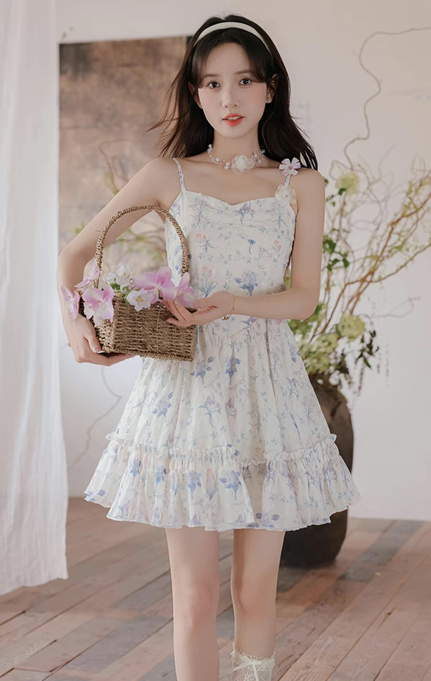 Sweet Floral Mini Dress (White/Purple)