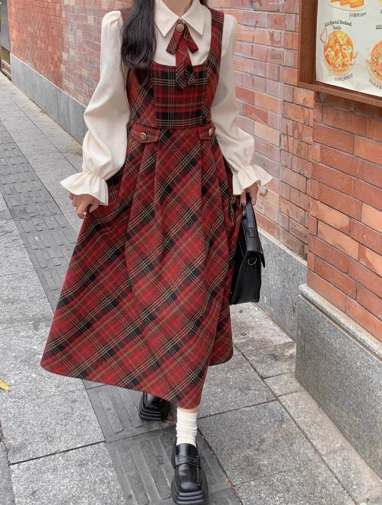 Merry Plaid Midi Pinafore Dress (Red) S Merry Plaid Midi Pinafore Dress (Red) S