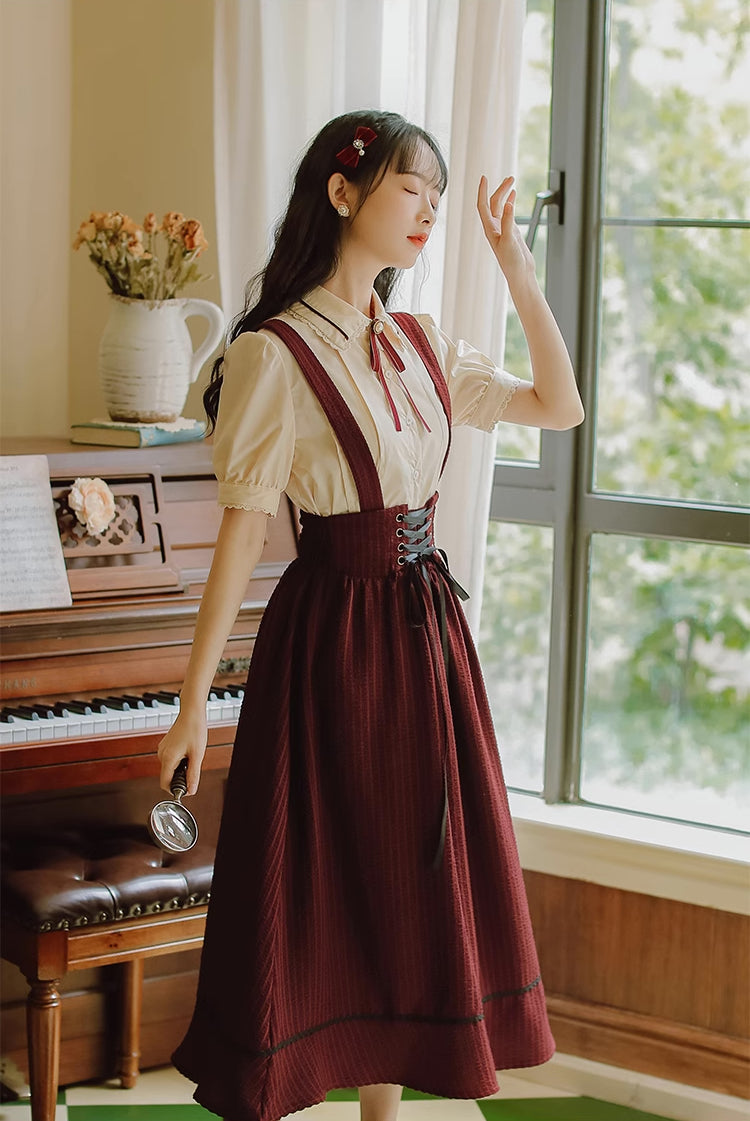 Short Sleeve Crepe Suspender Skirt Set (Maroon)