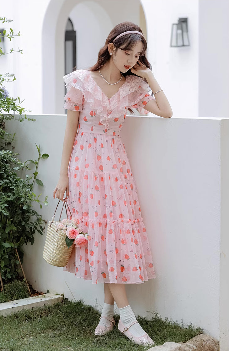 Strawberry Girl Midi Dress (Pink)