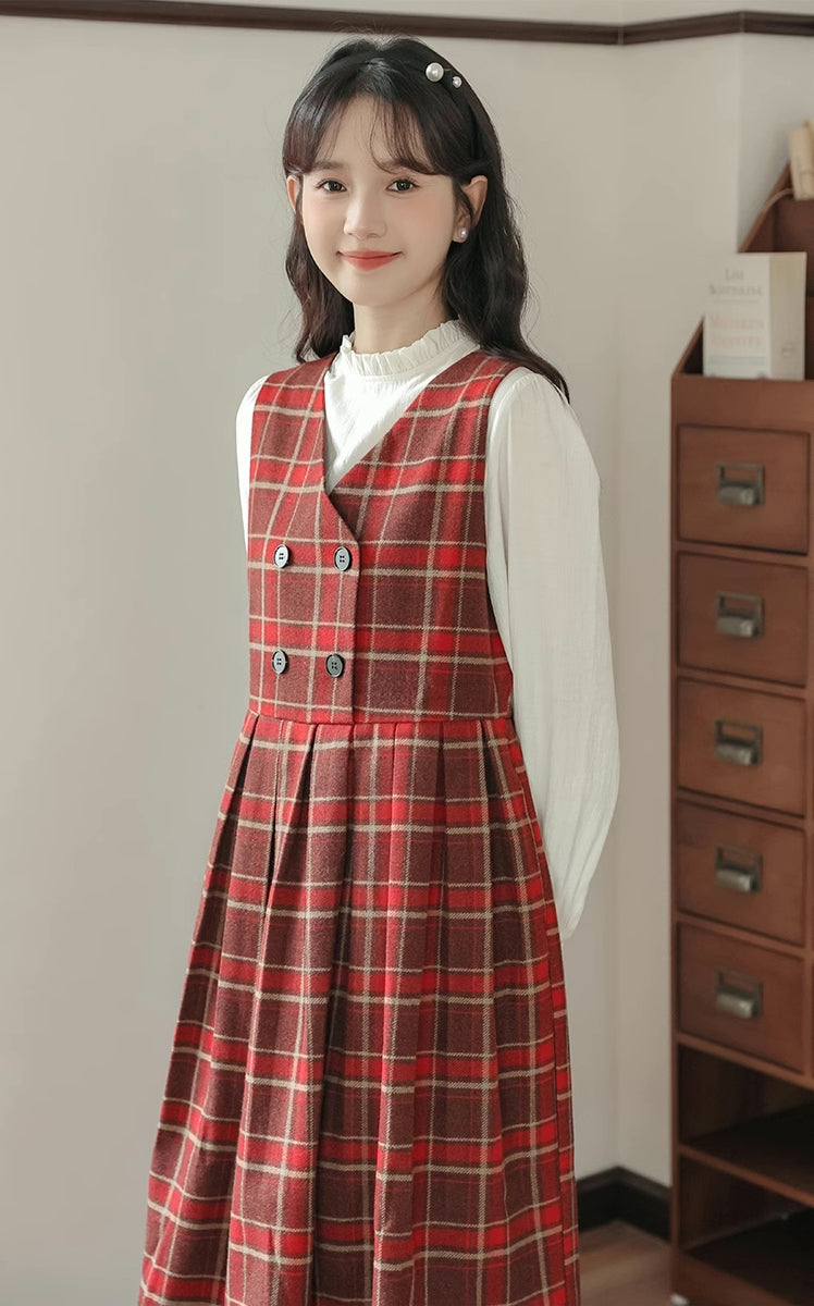 Biscuit Plaid Midi Dress (Red)