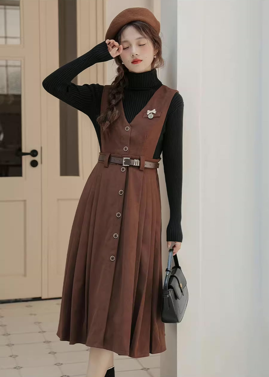 Corduroy Button Pleated Midi Pinafore (2 Colors)