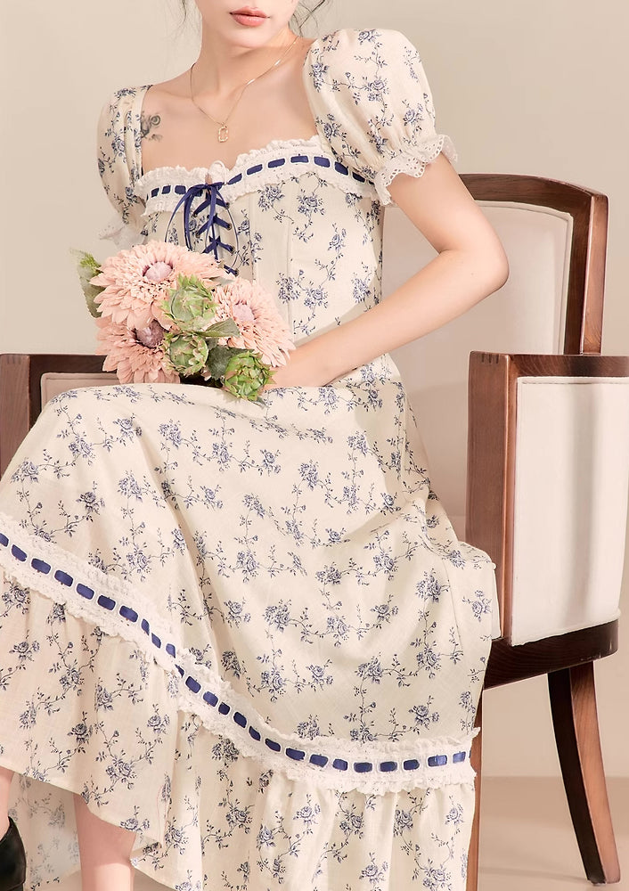 Porcelain Rose Lace Up Midi Dress (White/Blue)