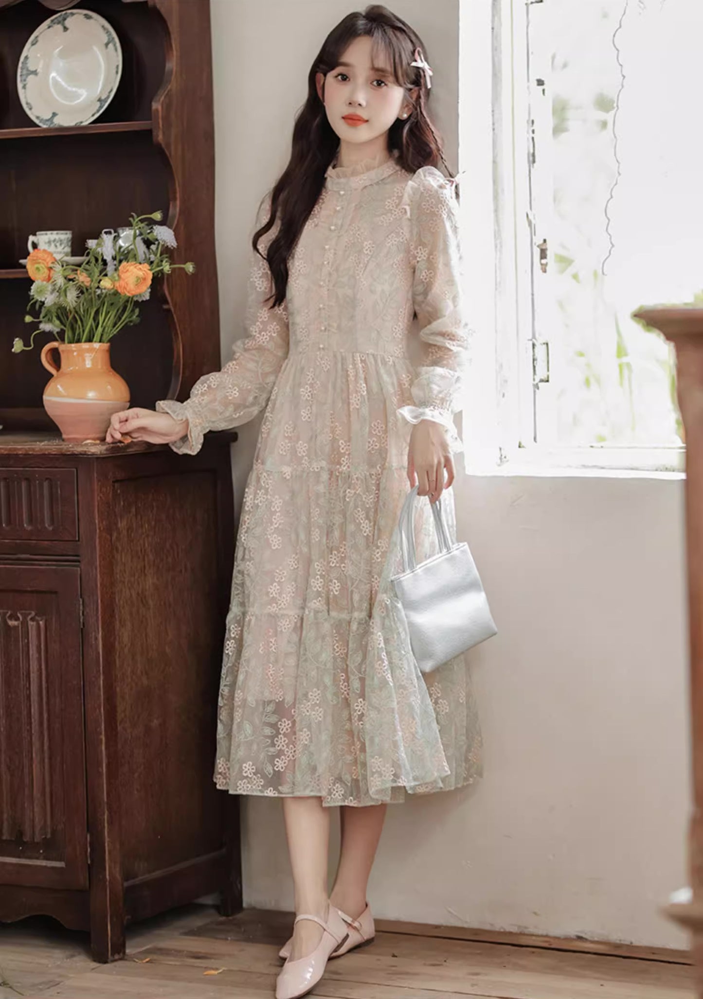 Flower Vines Embroidered Midi Dress (Beige)