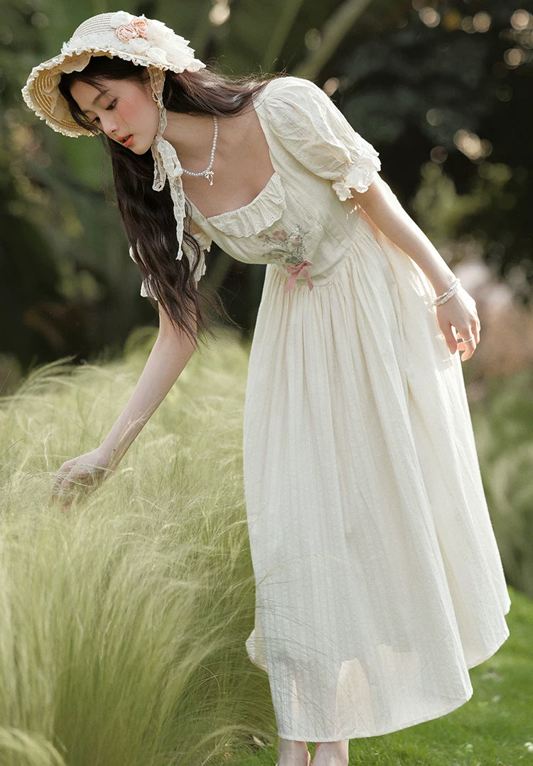 Cottage Flower Midi Dress (Cream)