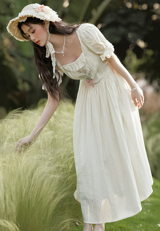 Cottage Flower Midi Dress (Cream)