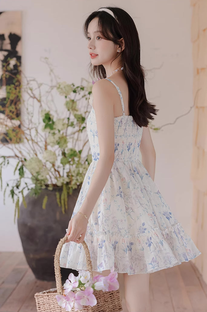 Sweet Floral Mini Dress (White/Purple)