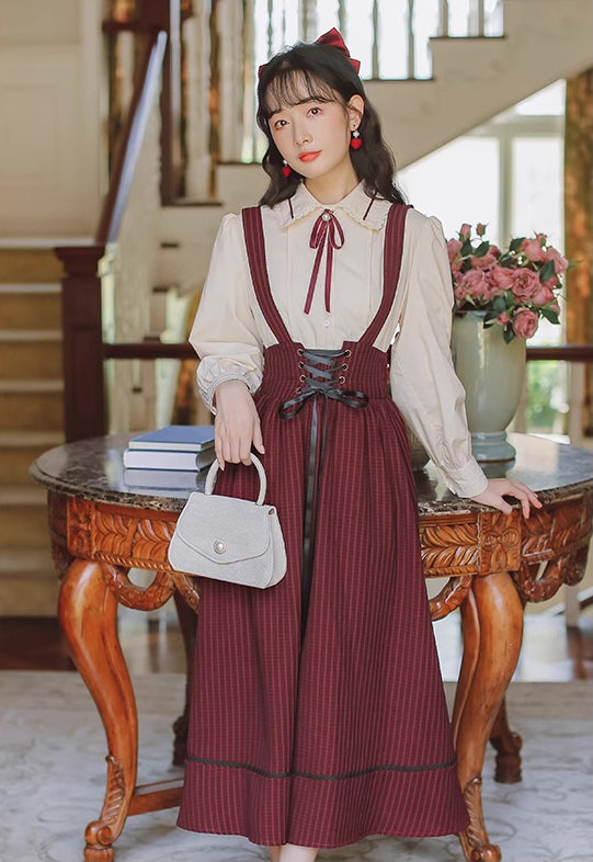 Long Sleeve Crepe Suspender Skirt Set (2 Colors)