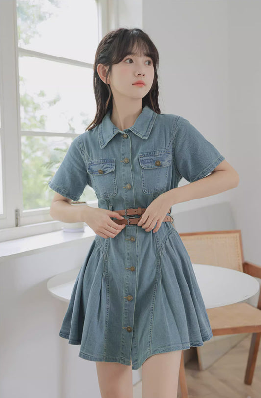 Button Up Denim Mini Dress (Medium Blue)