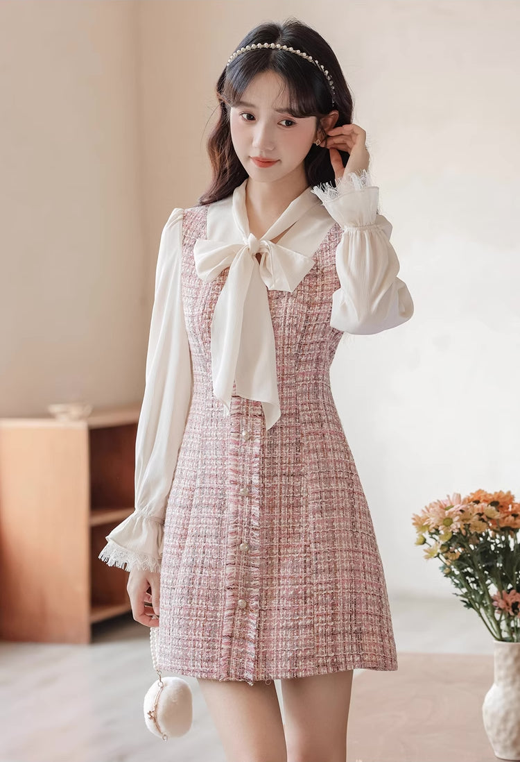 Tie Neck Tweed Mini Shift Dress (Pink)