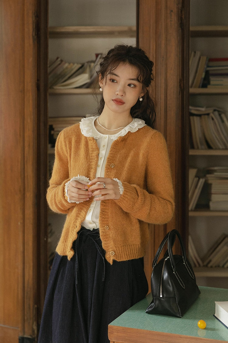 Round Neck Knitted Cardigan (Pumpkin Mustard)