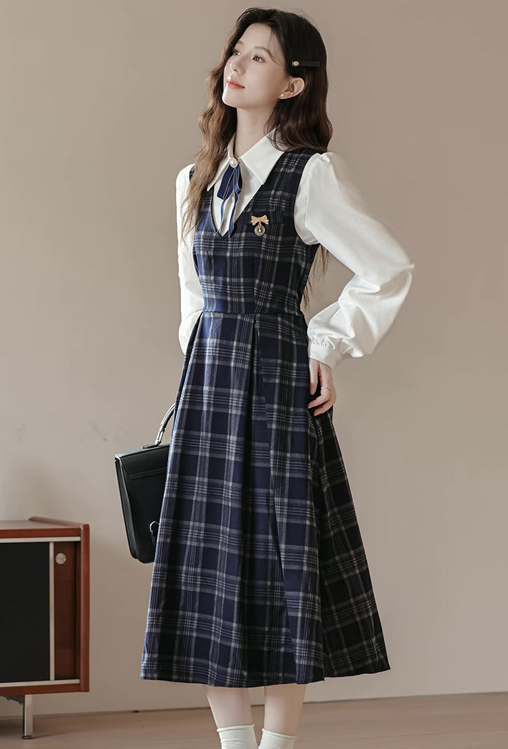 Oxford Plaid Midi Pinafore & Blouse Set (Navy)