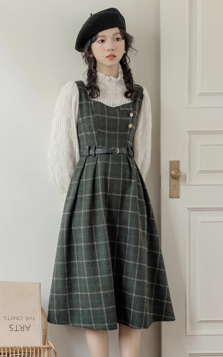 Plaid Pinafore Twofer Midi Dress (Green)