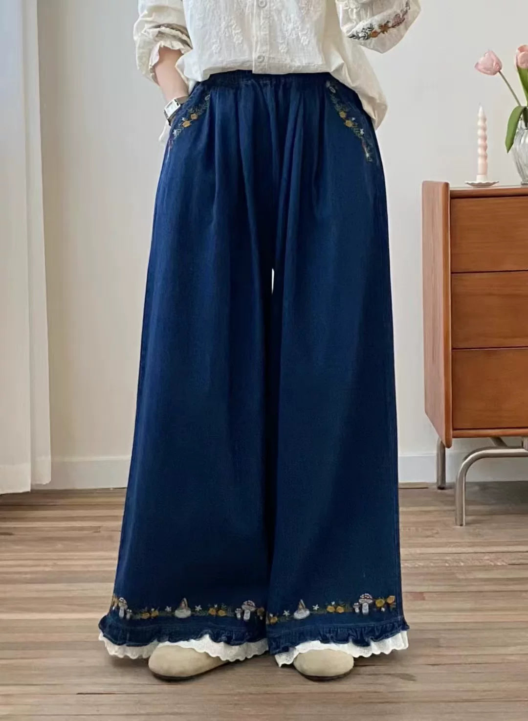 Forest Floor Embroidered Denim Pants (2 Colors)