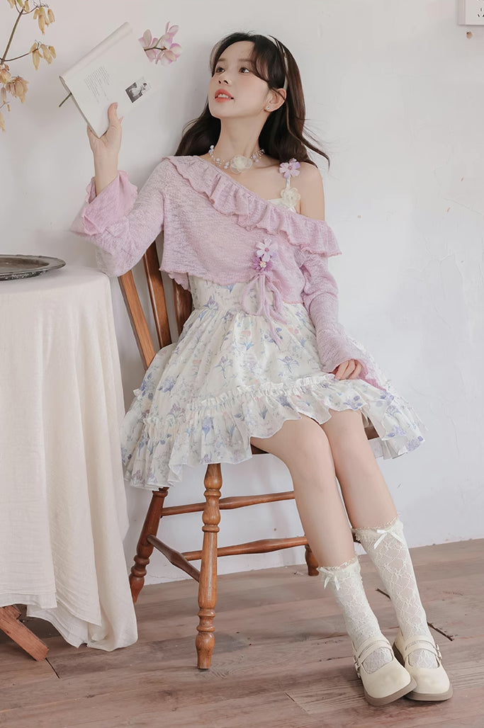 Sweet Floral Mini Dress (White/Purple)