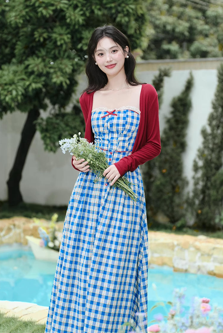 Vintage Gingham Floral Cami Dress (Blue)