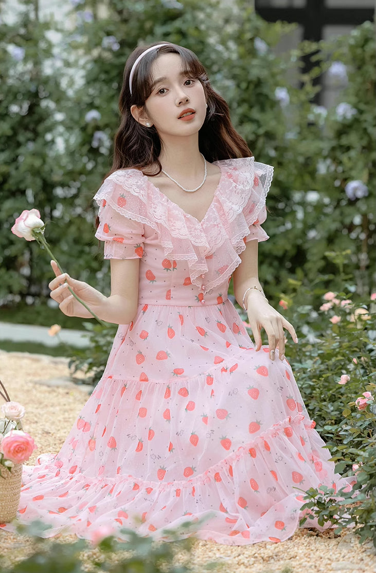 Strawberry Girl Midi Dress (Pink)