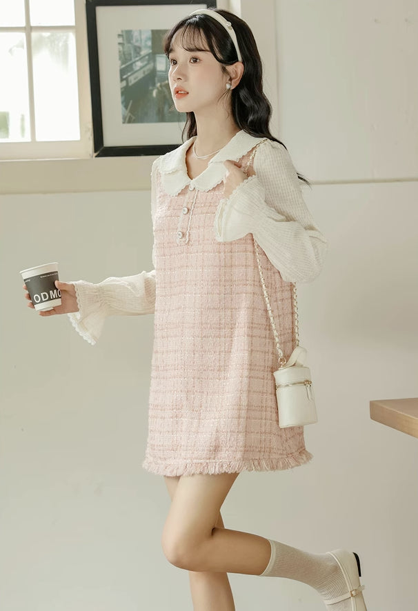 Tweed Plaid Mini Shift Dress (Pink)