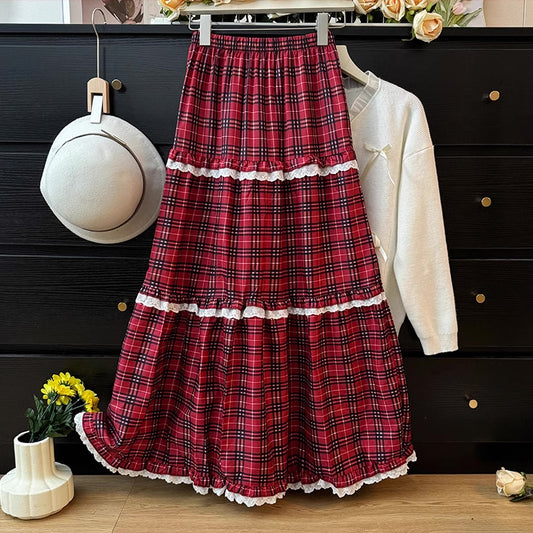 Holiday Plaid Tiered Lace Midi Skirt (Red)