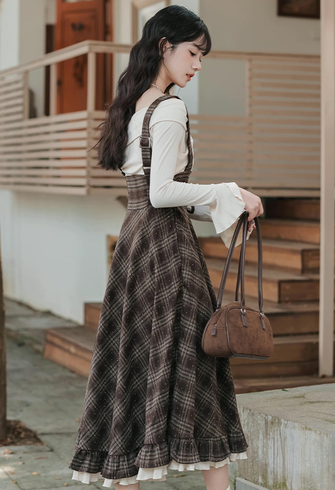 Snowy Plaid Twofer Suspender Midi Dress (Cream/Brown)