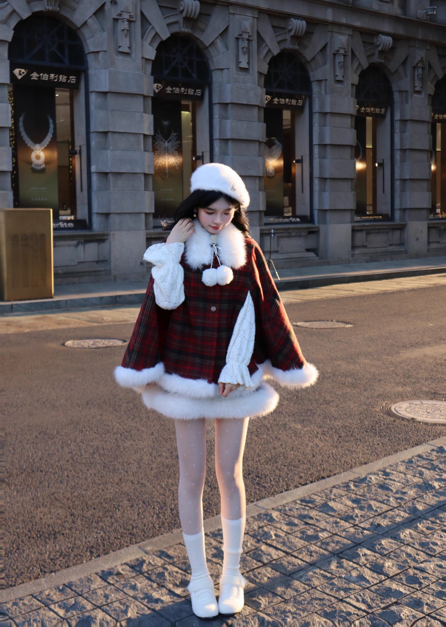 Merry Plaid Mini Dress & Capelet Set (Red)