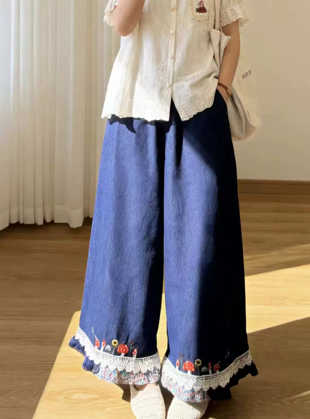 Mushroom Patchwork Embroidered Denim Pants (2 Colors)
