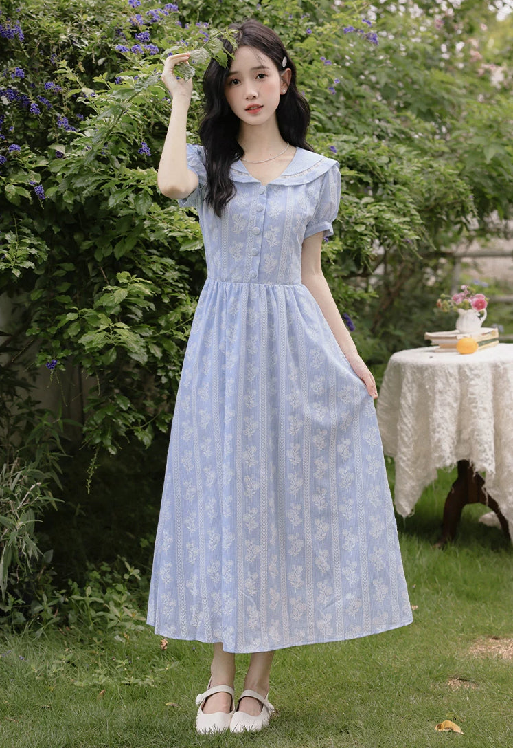 Floral Stripe Midi Dress (Blue)