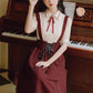 Short Sleeve Crepe Suspender Skirt Set (Maroon)