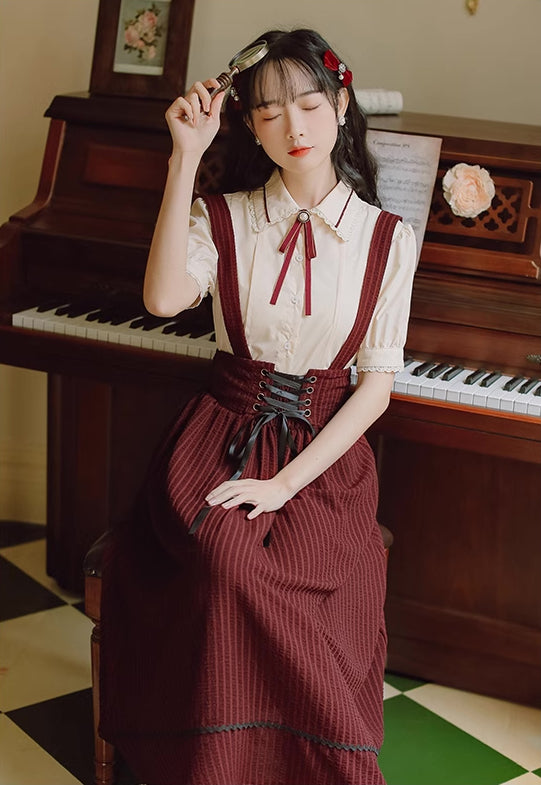 Short Sleeve Crepe Suspender Skirt Set (Maroon)