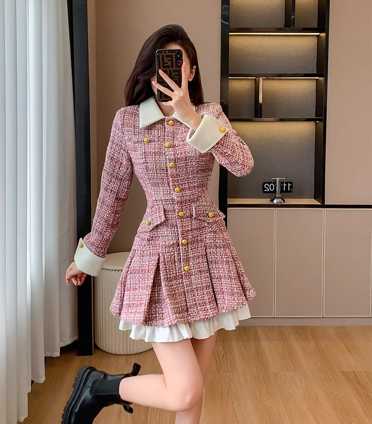 Flirty Plaid Tweed Mini Dress (Pink)