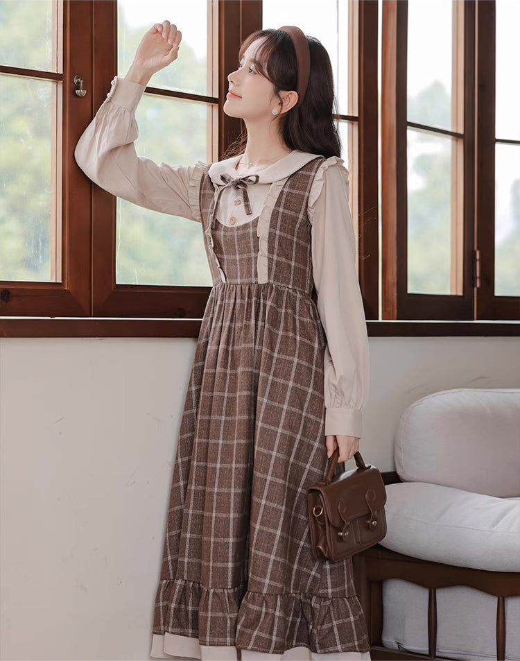 Cocoa Plaid Twofer Midi Dress (Khaki)