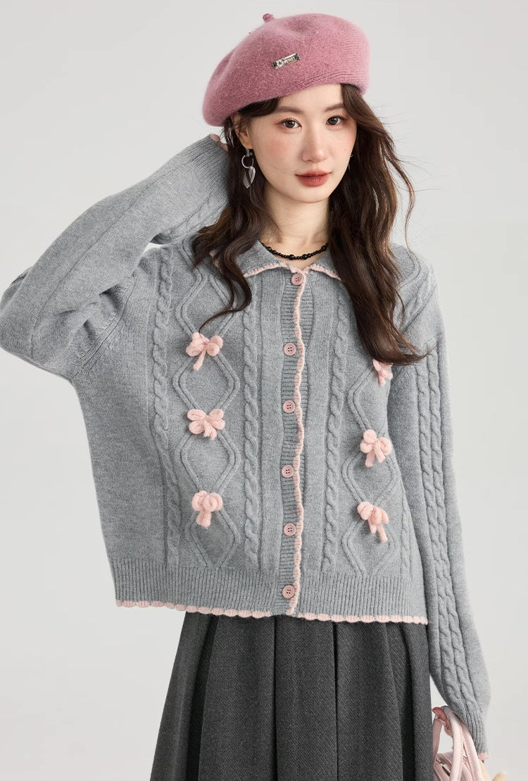 Braided Knit Bows Cardigan (Gray)