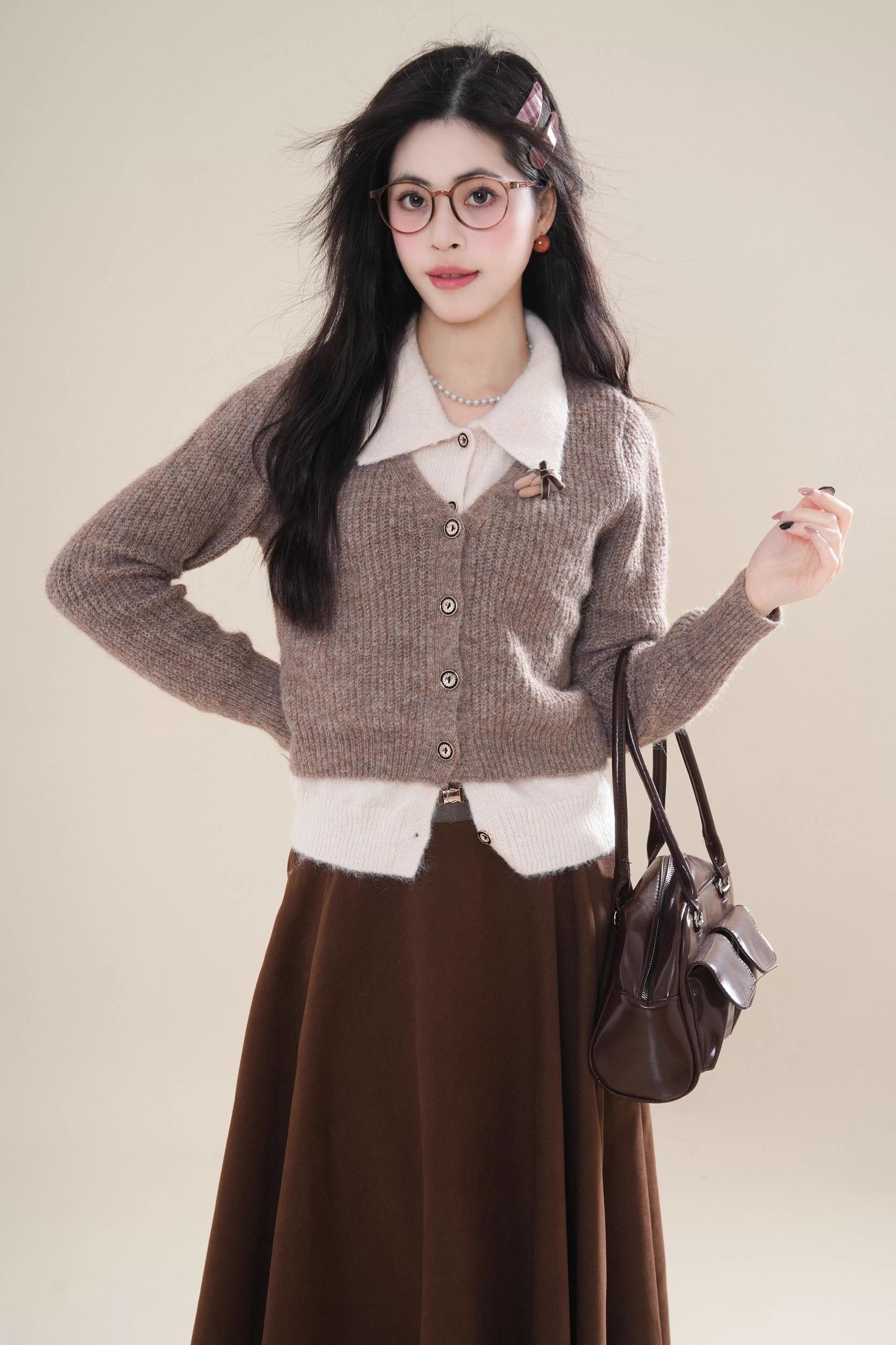 Faux Layered Cardigan (Khaki)