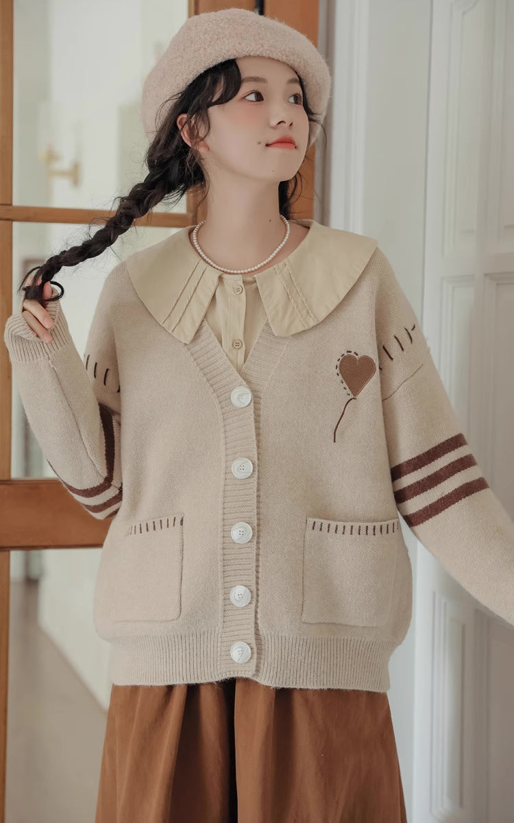 Stitched Up Heart Cardigan (Khaki)