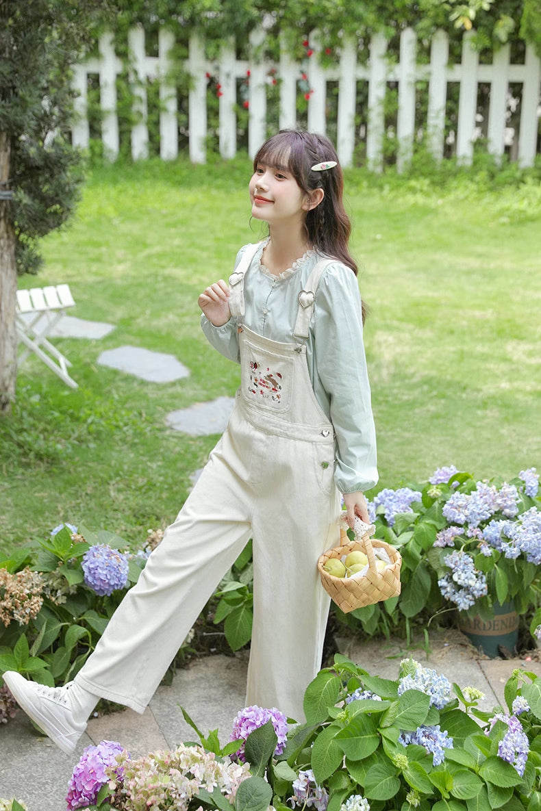 Sun Shining Embroidered Overalls (White)