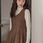 Fallen Leaves Plaid Pinafore Dress Set (Brown)