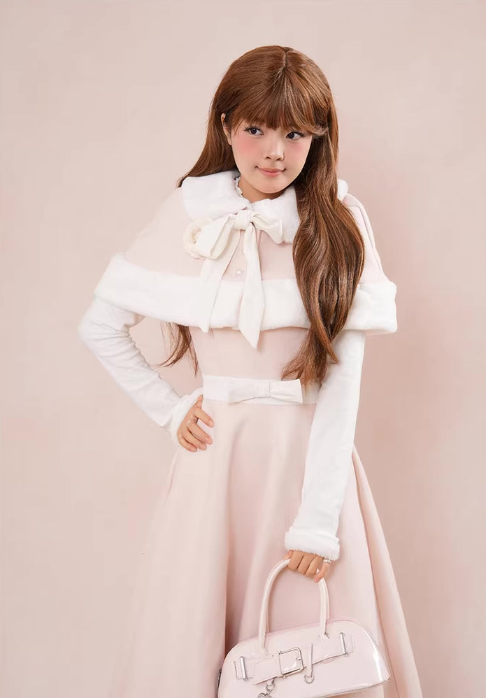 Cotton Candy Capelet & Midi Dress Set (Pink/White)
