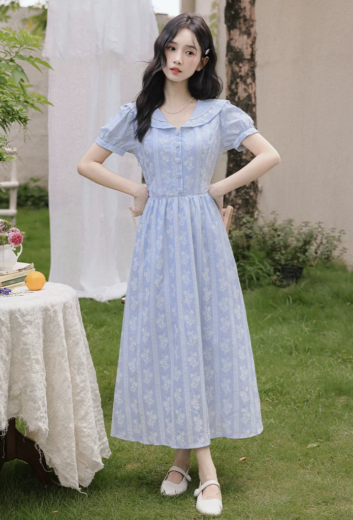 Floral Stripe Midi Dress (Blue)