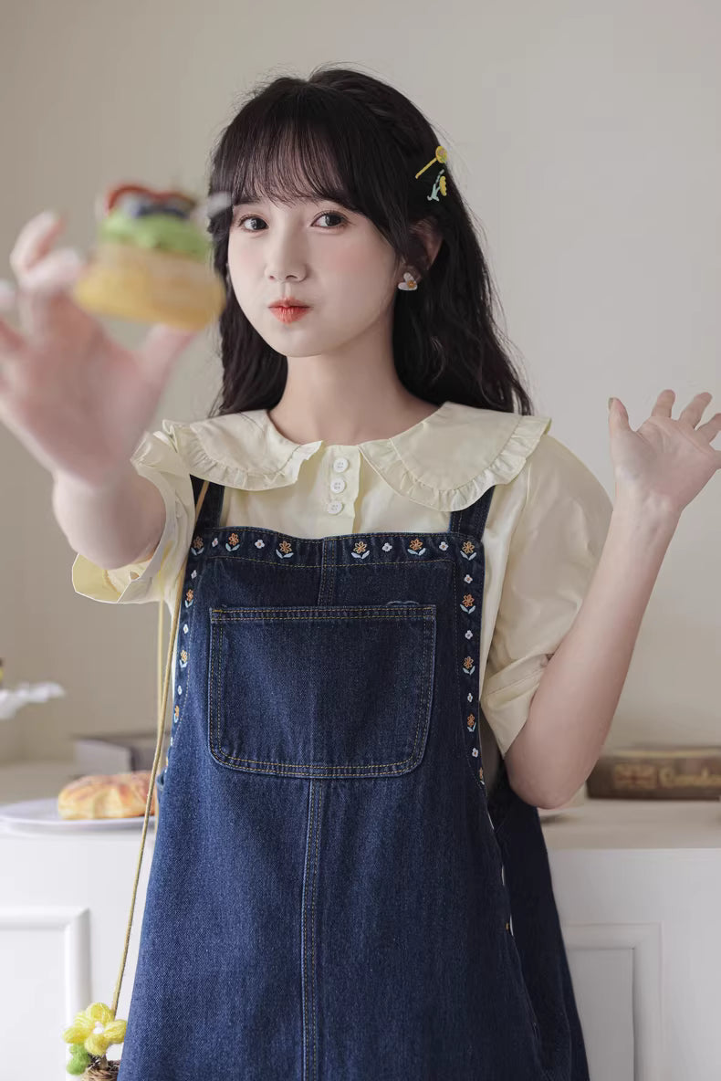 Flower Embroidered Mini Pinafore Dress (Dark Denim)