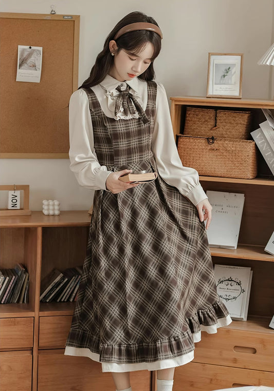 Hazel Plaid Twofer Midi Dress (Brown)