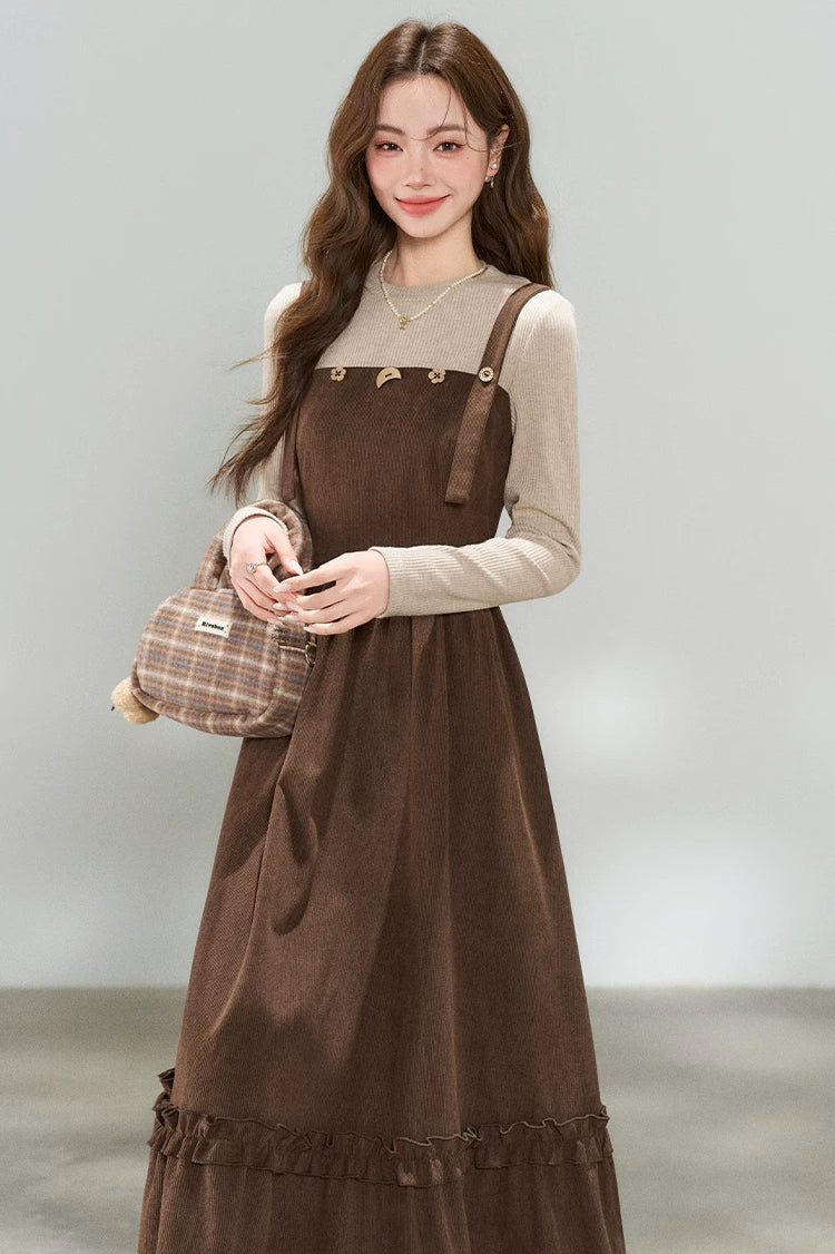 Playful Buttons Twofer Midi Dress (Brown)