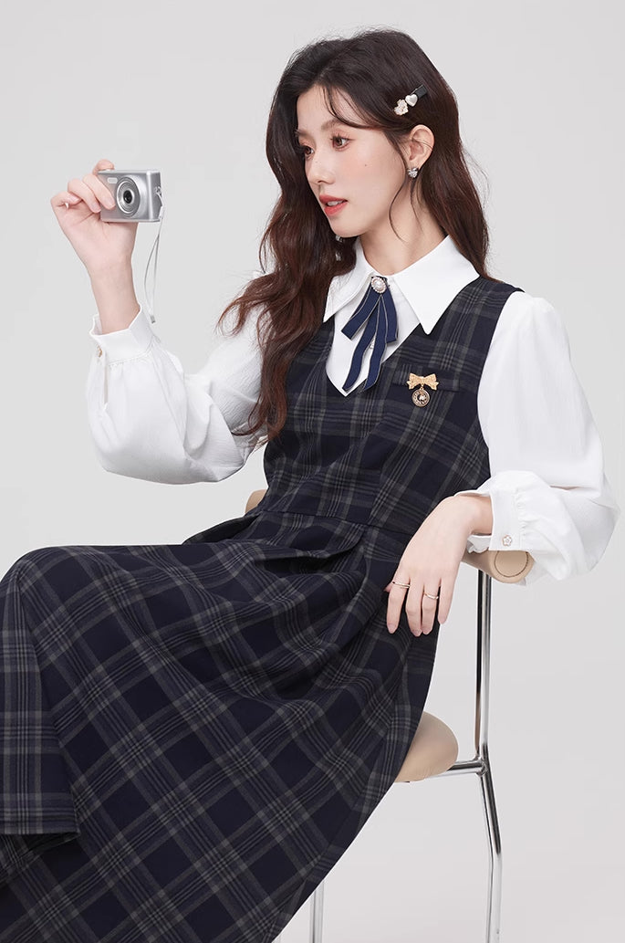 Oxford Plaid Midi Pinafore & Blouse Set (Navy)