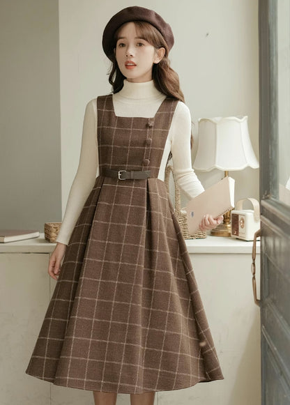 Belted Plaid Pinafore Dress (3 Colors)