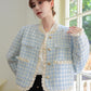 Gingham Lace Trim Tweed Jacket (Blue)