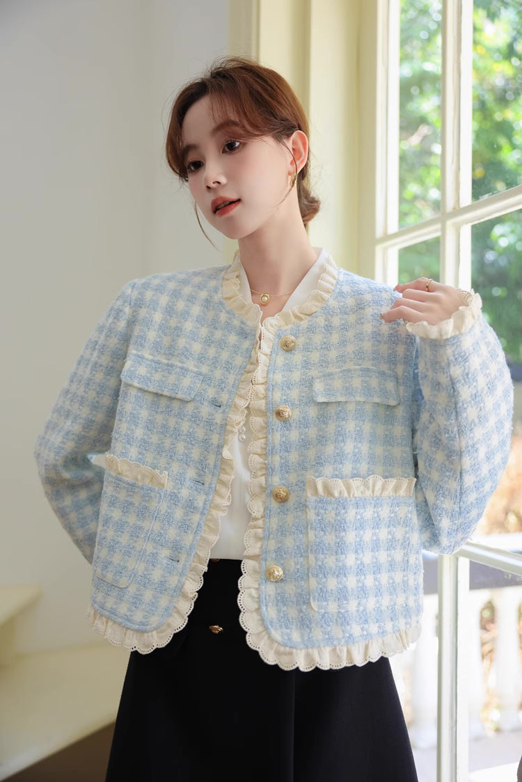 Gingham Lace Trim Tweed Jacket (Blue)