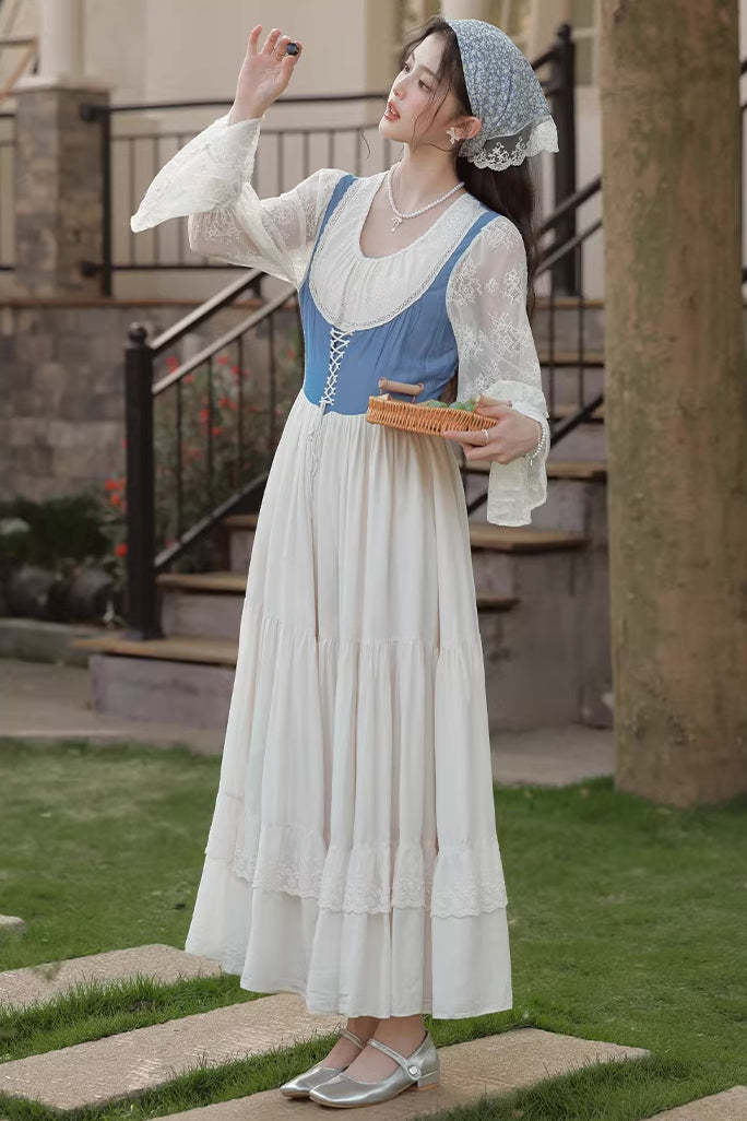 Belle Twofer Corset Peasant Maxi Dress (White/Blue)