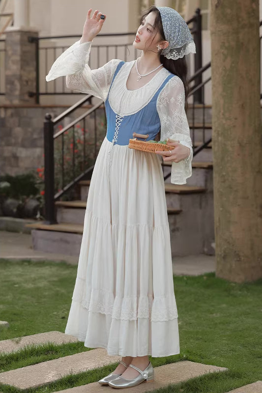 Belle Twofer Corset Peasant Maxi Dress (White/Blue)